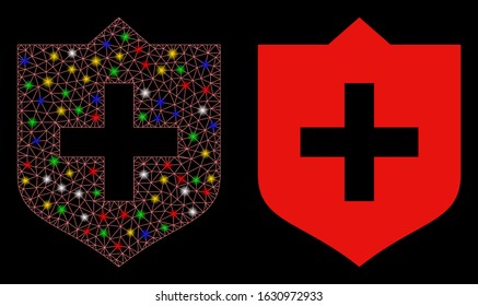 Bright mesh shield icon with sparkle effect. Abstract illuminated model of shield. Shiny wire frame polygonal mesh shield icon. Vector abstraction on a black background.