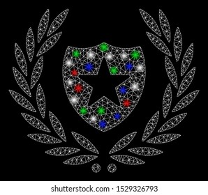 Bright mesh shield laurel wreath with lightspot effect. White wire carcass triangular mesh in vector format on a black background. Abstract 2d mesh built from triangular lines, dots,