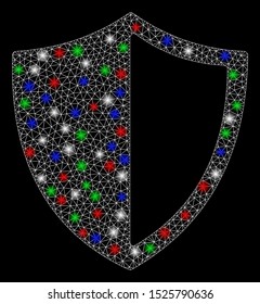 Bright mesh shield with lightspot effect. White wire frame triangular mesh in vector format on a black background. Abstract 2d mesh designed with triangular lines, spheric points,