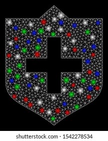 Bright mesh shield with lightspot effect. White wire carcass polygonal mesh in vector format on a black background. Abstract 2d mesh designed with polygonal grid, dots, colored light spots.
