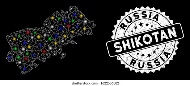 Bright mesh Shikotan Island map with lightspot effect, and stamp. Wire frame triangular Shikotan Island map network in vector format on a black background.
