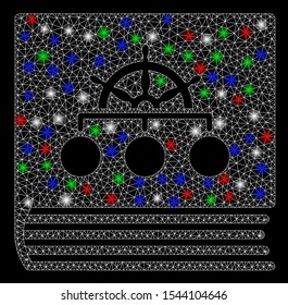 Bright mesh ship guide book with glow effect. White wire carcass triangular mesh in vector format on a black background. Abstract 2d mesh created from triangular lines, dots, colorful glare spots.