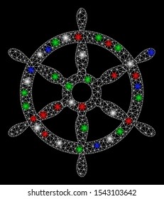 Bright mesh ship steering wheel with glow effect. White wire carcass polygonal mesh in vector format on a black background. Abstract 2d mesh designed with polygonal grid, points, colorful flare spots.