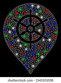 Bright mesh ship wheel marker with glare effect. White wire frame triangular mesh in vector format on a black background. Abstract 2d mesh designed with triangles, small circle, colorful glare spots.