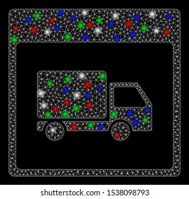 Bright mesh shipment truck calendar page with glare effect. White wire carcass triangular mesh in vector format on a black background. Abstract 2d mesh designed with polygonal grid, points,