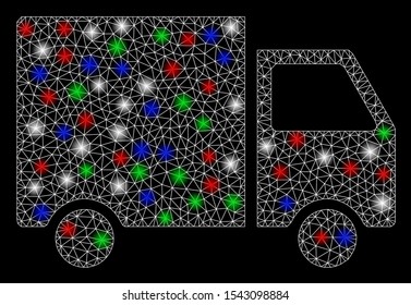 Bright mesh shipment van with lightspot effect. White wire frame polygonal mesh in vector format on a black background. Abstract 2d mesh designed with triangular lines, dots, colored light spots.