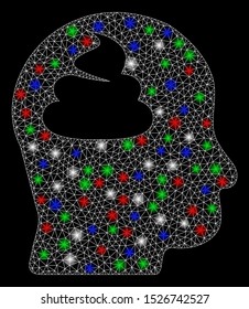 Bright mesh shit brain with lightspot effect. White wire carcass triangular mesh in vector format on a black background. Abstract 2d mesh designed with triangles, points, colored glare spots.