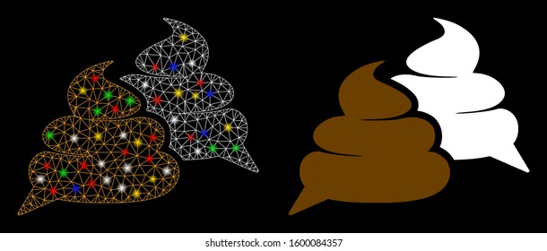 Bright mesh shit chat icon with glare effect. Abstract illuminated model of shit chat. Shiny wire carcass polygonal mesh shit chat icon. Vector abstraction on a black background.