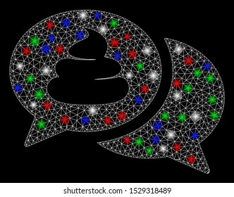 Bright mesh shit forum with glare effect. White wire frame triangular mesh in vector format on a black background. Abstract 2d mesh designed with triangles, small circle, colored glare spots.