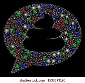Bright mesh shit idea balloon with glare effect. White wire frame polygonal mesh in vector format on a black background. Abstract 2d mesh created from triangles, dots, colorful glare spots.