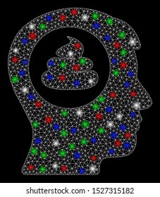 Bright mesh shit idea head with glare effect. White wire carcass polygonal mesh in vector format on a black background. Abstract 2d mesh built from polygonal grid, dots, colorful light spots.