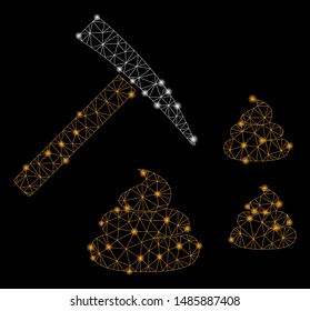 Bright mesh shit mining with glare effect. Abstract illuminated model of shit mining icon. Shiny wire frame triangular mesh shit mining. Vector abstraction on a black background.