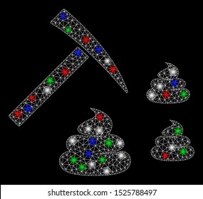 Bright mesh shit mining with glare effect. White wire carcass triangular mesh in vector format on a black background. Abstract 2d mesh designed with triangular lines, spheric points,