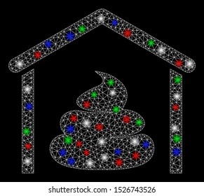 Bright mesh shit storage hangar with lightspot effect. White wire carcass triangular mesh in vector format on a black background. Abstract 2d mesh built from triangular lines, points,