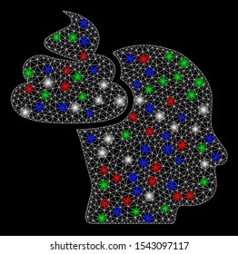 Bright mesh shit thinking head with glare effect. White wire carcass polygonal mesh in vector format on a black background. Abstract 2d mesh designed with polygonal grid, dots, colorful glare spots.