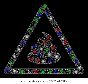 Bright mesh shit warning with glow effect. White wire frame polygonal mesh in vector format on a black background. Abstract 2d mesh designed with polygonal grid, spheric points, colored flare spots.