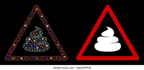 Bright mesh shit warning icon with glare effect. Abstract illuminated model of shit warning. Shiny wire frame triangular mesh shit warning icon. Vector abstraction on a black background.