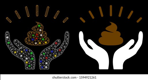 Bright mesh shit win hands icon with glow effect. Abstract illuminated model of shit win hands. Shiny wire carcass polygonal mesh shit win hands icon. Vector abstraction on a black background.