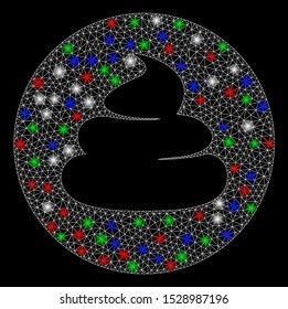 Bright mesh shitcoin with glare effect. White wire frame triangular mesh in vector format on a black background. Abstract 2d mesh designed with triangles, points, colored glare spots.