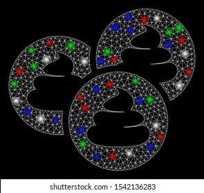 Bright mesh shitcoins with glare effect. White wire frame triangular mesh in vector format on a black background. Abstract 2d mesh designed with triangular lines, points, colorful flare spots.