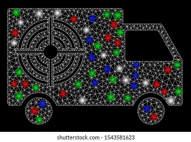 Bright mesh shooting gallery truck with glow effect. White wire frame triangular mesh in vector format on a black background. Abstract 2d mesh designed with polygonal grid, round dots,