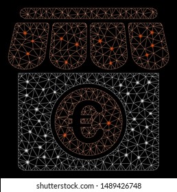 Bright mesh shop with glare effect. Abstract illuminated model of shop icon. Shiny wire frame triangular mesh shop. Vector abstraction on a black background.
