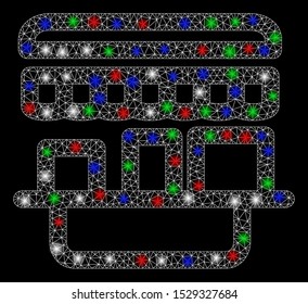 Bright mesh shop with lightspot effect. White wire frame polygonal mesh in vector format on a black background. Abstract 2d mesh designed with polygonal grid, points, colorful flash spots.