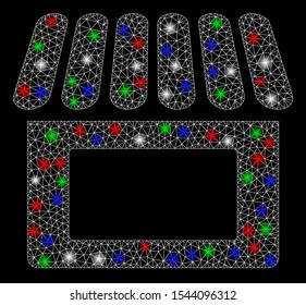 Bright mesh shop with lightspot effect. White wire carcass triangular mesh in vector format on a black background. Abstract 2d mesh designed with polygonal grid, small circle, colored light spots.