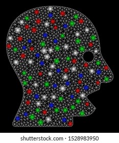 Bright mesh shouting head with lightspot effect. White wire carcass polygonal mesh in vector format on a black background. Abstract 2d mesh designed with triangular lines, spheric points,