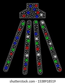 Bright mesh shower with glare effect. White wire carcass triangular mesh in vector format on a black background. Abstract 2d mesh designed with triangular lines, spheric points, colored glare spots.