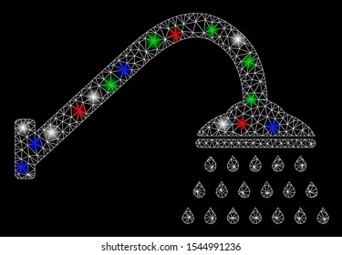 Bright mesh shower with glare effect. White wire carcass polygonal mesh in vector format on a black background. Abstract 2d mesh designed with triangles, dots, colored flare spots.