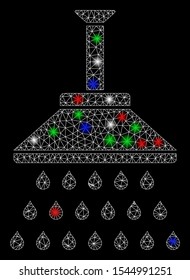 Bright mesh shower with glare effect. White wire carcass triangular mesh in vector format on a black background. Abstract 2d mesh designed with triangles, dots, colored glare spots.