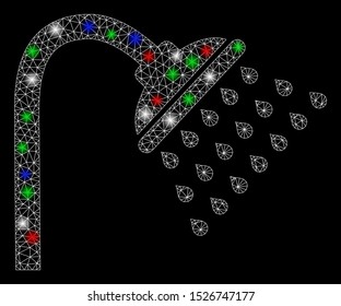 Bright mesh shower with glow effect. White wire frame triangular mesh in vector format on a black background. Abstract 2d mesh designed with triangular lines, points, colorful light spots.