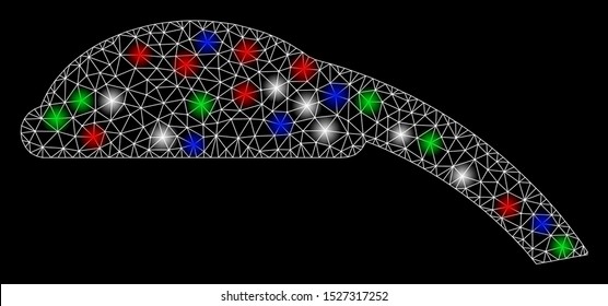 Bright mesh shower head with glow effect. White wire frame triangular network in vector format on a black background. Abstract 2d mesh designed with triangular lines, spheric points,