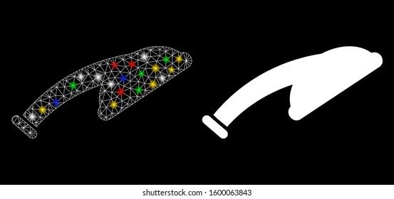 Bright mesh shower head icon with glow effect. Abstract illuminated model of shower head. Shiny wire carcass triangular mesh shower head icon. Vector abstraction on a black background.