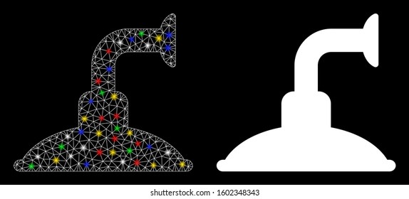 Bright mesh shower head icon with glare effect. Abstract illuminated model of shower head. Shiny wire carcass polygonal mesh shower head icon. Vector abstraction on a black background.