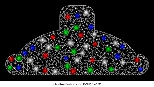 Bright mesh shower head with lightspot effect. White wire frame polygonal network in vector format on a black background. Abstract 2d mesh designed with polygonal grid, dots, colorful flash spots.