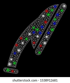 Bright mesh shower head with lightspot effect. White wire frame triangular network in vector format on a black background. Abstract 2d mesh designed with triangular lines, round dots,