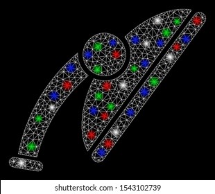 Bright mesh shower head with lightspot effect. White wire frame triangular mesh in vector format on a black background. Abstract 2d mesh designed with triangular lines, dots, colored light spots.