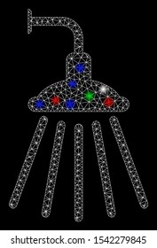 Bright mesh shower with lightspot effect. White wire frame polygonal mesh in vector format on a black background. Abstract 2d mesh designed with polygonal grid, round dots, colored flash spots.