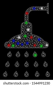 Bright mesh shower with lightspot effect. White wire carcass polygonal mesh in vector format on a black background. Abstract 2d mesh designed with polygonal grid, round dots, colorful glare spots.