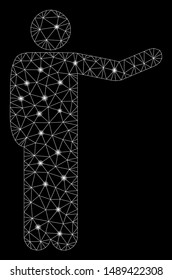 Bright mesh showing man with glare effect. Abstract illuminated model of showing man icon. Shiny wire carcass triangular mesh showing man. Vector abstraction on a black background.