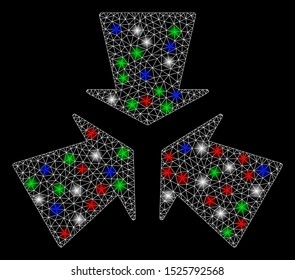Bright mesh shrink arrows with glare effect. White wire frame polygonal mesh in vector format on a black background. Abstract 2d mesh created from polygonal grid, points, colored glare spots.