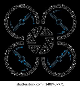 Bright mesh shutter drone with glow effect. Abstract illuminated model of shutter drone icon. Shiny wire frame triangular mesh shutter drone. Vector abstraction on a black background.