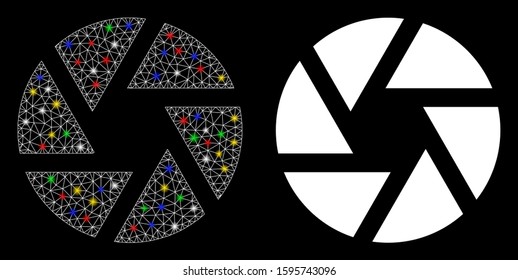 Bright mesh shutter icon with glare effect. Abstract illuminated model of shutter. Shiny wire frame triangular mesh shutter icon. Vector abstraction on a black background.