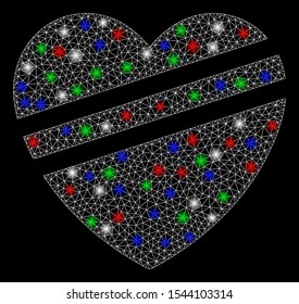 Bright mesh sick heart with glow effect. White wire frame triangular mesh in vector format on a black background. Abstract 2d mesh created from triangular lines, spheric points, colored flare spots.