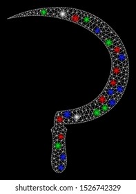 Bright mesh sickle with glare effect. White wire frame polygonal mesh in vector format on a black background. Abstract 2d mesh designed with polygonal grid, points, colored glare spots.