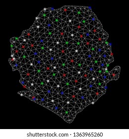Bright mesh Sierra Leone map with glare effect. Wire carcass triangular mesh in vector format on a black background. Abstract 2d mesh created from polygonal grid, spheric points, colored glare spots.