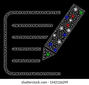 Bright mesh sign agreement with glare effect. White wire carcass triangular mesh in vector format on a black background. Abstract 2d mesh created from triangular lines, small circle,