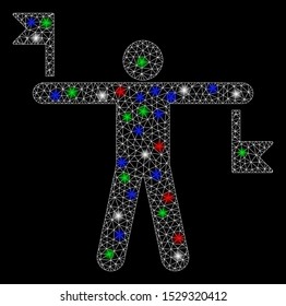 Bright mesh signal flags with glow effect. White wire carcass triangular mesh in vector format on a black background. Abstract 2d mesh designed with triangles, spheric points, colorful light spots.